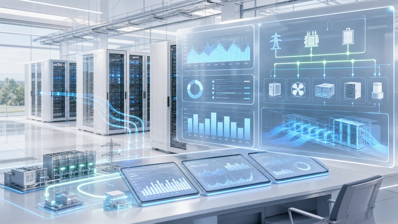 Light futuristic data center BMS and energy management dashboard visual