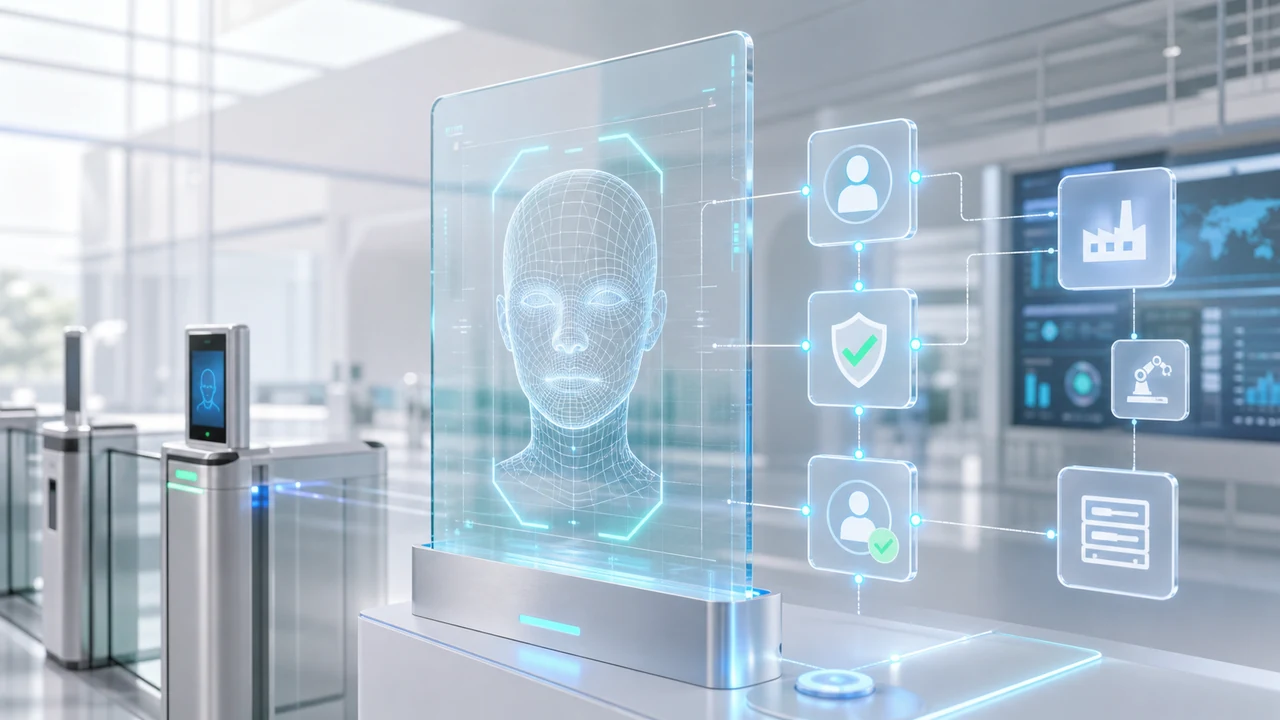 Light futuristic face recognition and identity workflow system visual